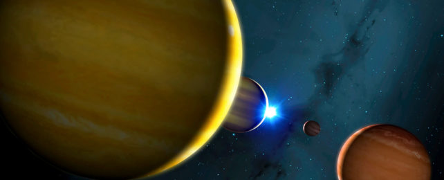 An illustration of giant gas planets orbiting a star.