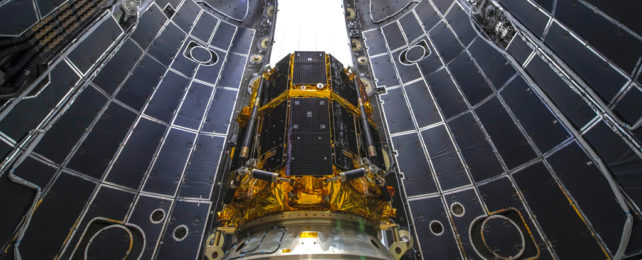 The ispace lander in the Falcon 9 payload fairing.