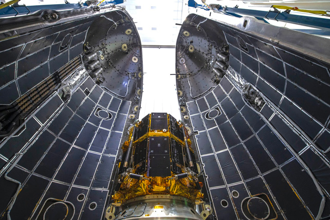 The ispace lander in the Falcon 9 rocket fairing.