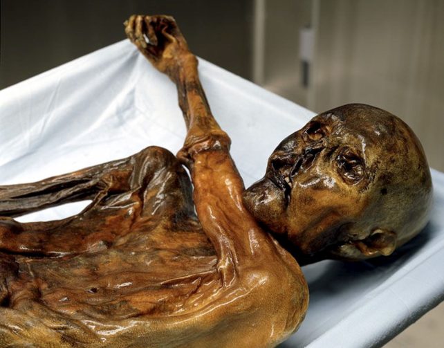 Mummified orangey human with arm raised under chin across body 