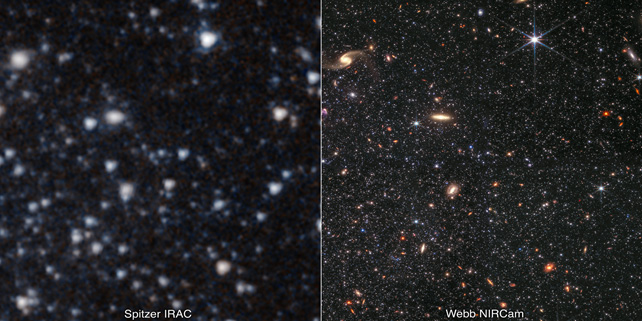 A side-by-side comparison of photos of the dwarf galaxy Wolf–Lundmark–Melotte.