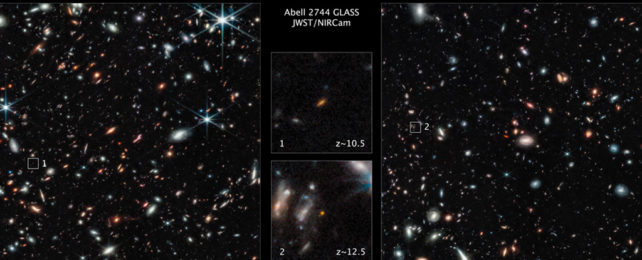 Graphic titled “Abell 2744 GLASS JWST/NIRCam” with two large images showing thousands of galaxies of different colours, shapes, and sizes, and two smaller pull-outs showing details in the large images.