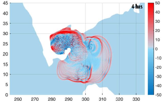 Map of simulated tsunami created by the Chicxulub asteroid, four hours after impact.