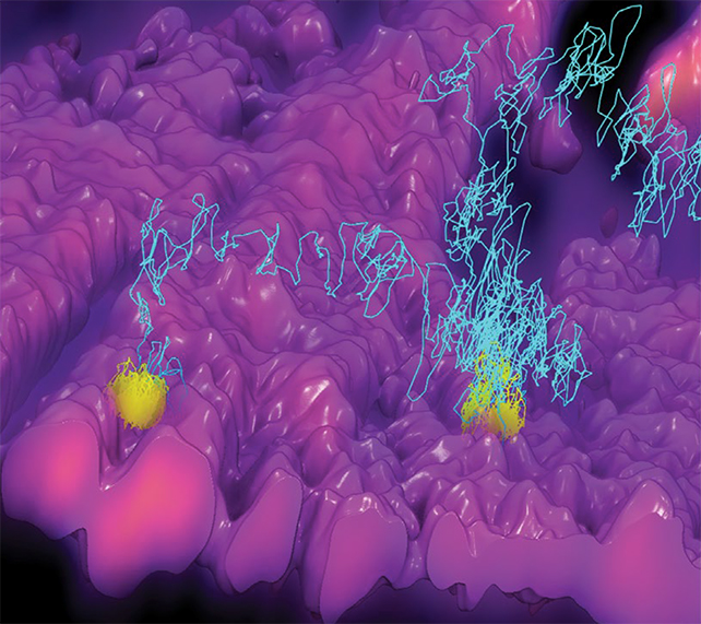 computer generated image of a yellow particle dipping into a cell membrane