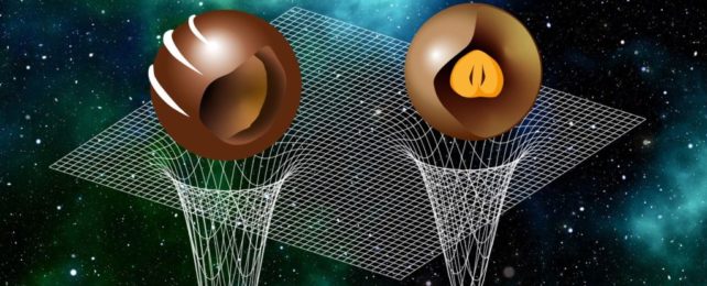 two chocolate spheres above spacetime grids, artistically representing neutron star fillings