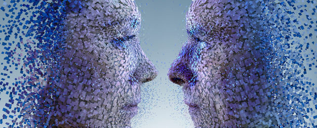 two human faces made of smaller pixels facing each other
