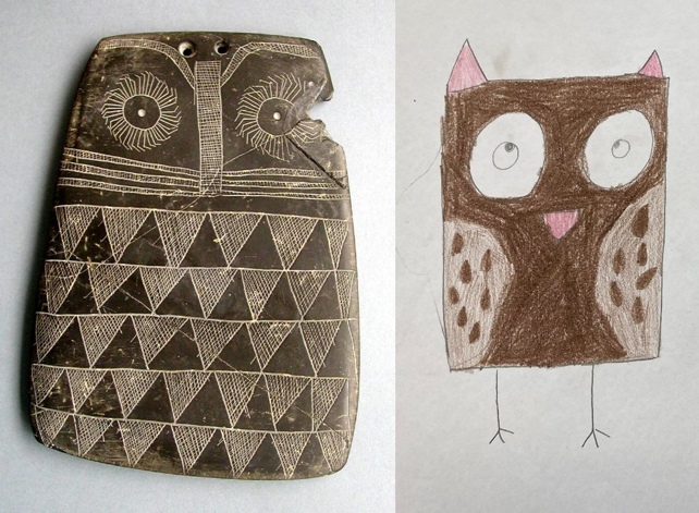Ancient Owl Carving Compared With Child Picture