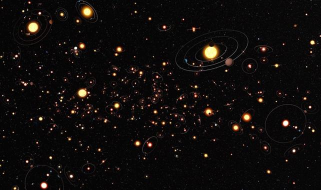 An artist's illustration of many planets and stars in the Milky Way.