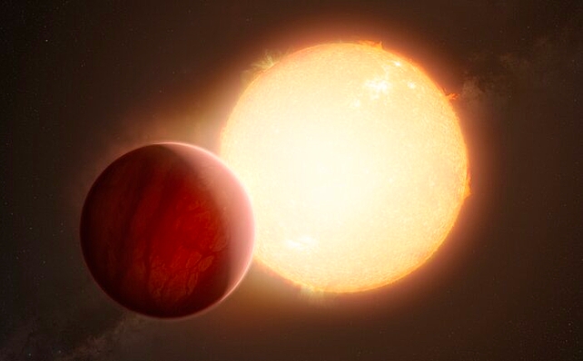 Impresión artística de un exoplaneta ultracaliente a punto de transitar frente a su estrella anfitriona