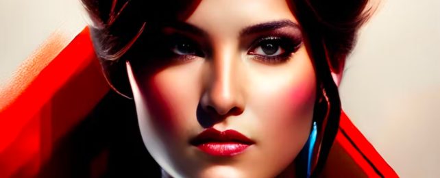 A close up of a fake Art Station style portrait of a person with dark hair and red lipstick.