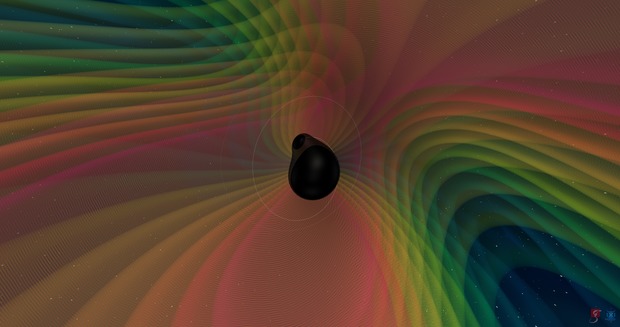 birleşen karadelikleri temsil eden karanlık bir kümeyi çevreleyen dalgaların gökkuşağı renkleri