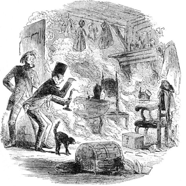 Pen illustration of men entering smoke filled room with cat.