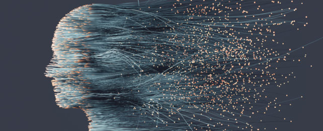 An illustration of a human face in profile made up of fiber optic wires.