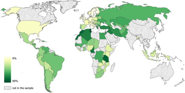 Map showing level of witchcraft believers.