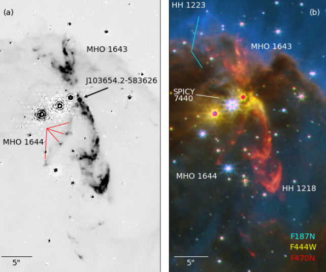 side-by-side images of a gas outflow with raw images to the left and colorized image to the right