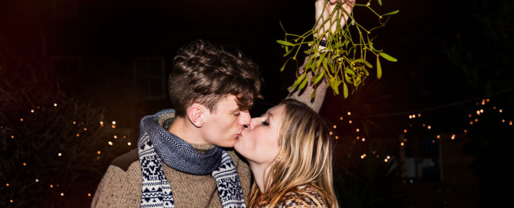 Couple kissing under mistletoe
