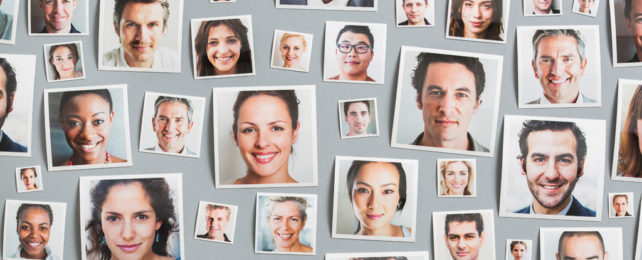 Photographed portraits of all kinds of people attached to a gray wall.