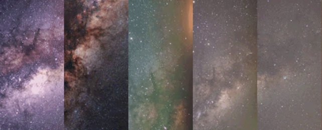 Five strips of night sky showing Milky Way under different darkness levels