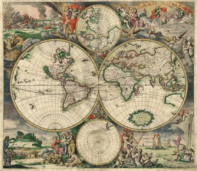 Two large and two smaller circular maps covered in grids, with a background comprised of a detailed painting.