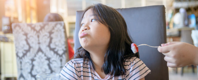 A young girl turns her head away from a piece of food offered to her on a fork.