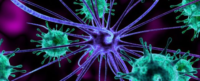 A 3d illustration of viruses attacking nerve cells