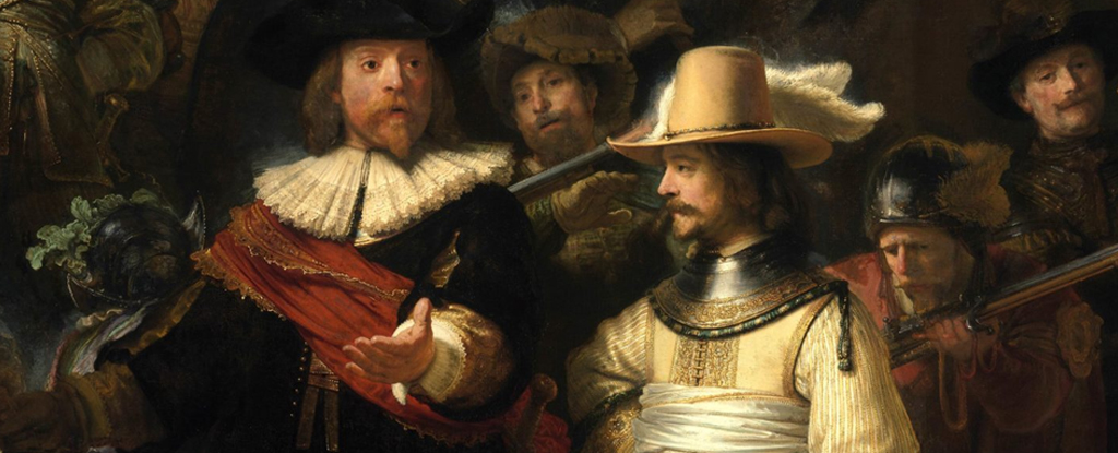 Close up of two main figures in Rembrandt's biggest oil painting
