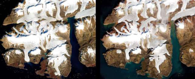 Comparison of glaciers with darker and less ice in image on the right