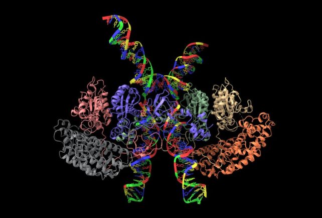Colorful clumped spirals of protein structures and DNA strands