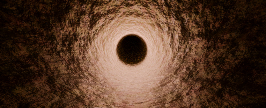 Abstract illustration of tunnel to Earth's core, a black abyss at the centre of a rocky tunnel.