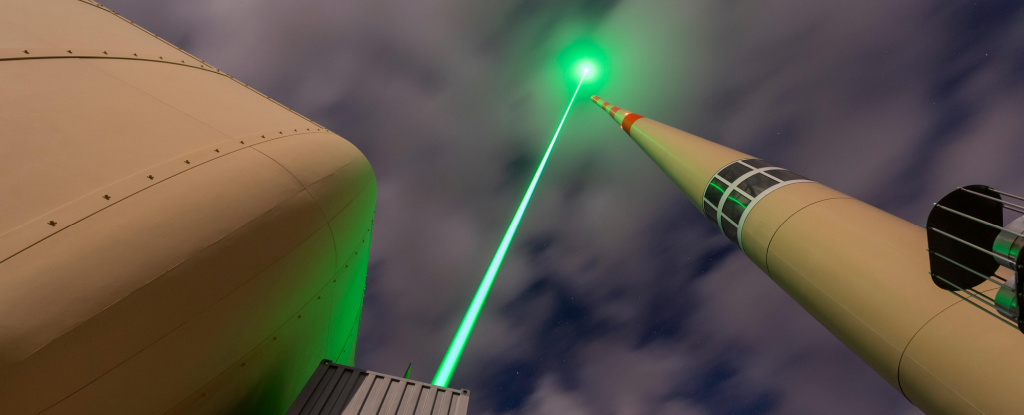 Illustration of green laser beaming upwards into sky beside white metal telecommunications tower.