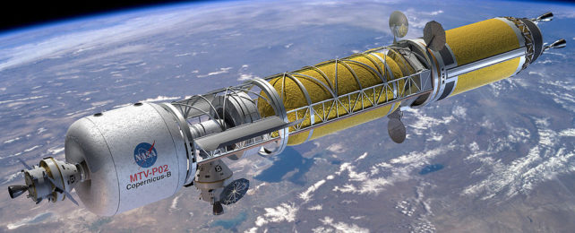 Concept art of long nuclear rocket in low orbit over Earth.