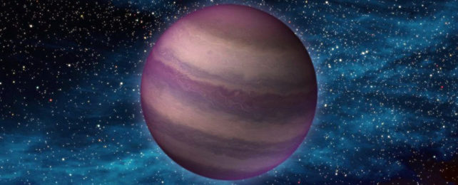 A purple and gray-brown gassy planet.