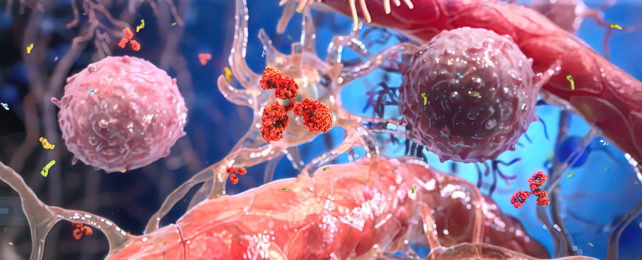 illustration of neurons in environment with immune cells