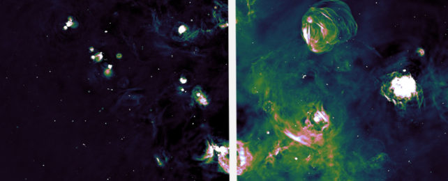 comparison of two space images, one with more wispy green indicating interstellar gas