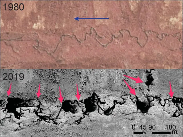 bir nehrin 1980 ve 2019'da çekilmiş uydu görüntülerinde karşılaştırma