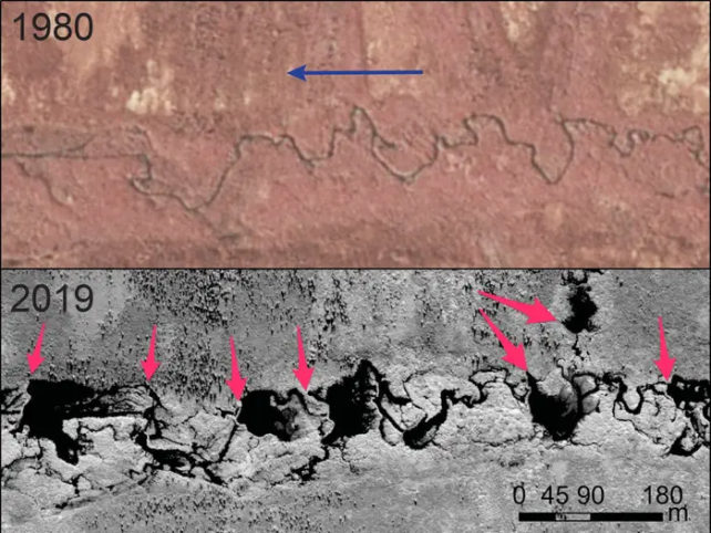 comparison in satellite images of a river, taken in 1980 and 2019