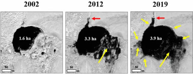 Increasing size of a lake, seen in 2002, 2012, and 2019