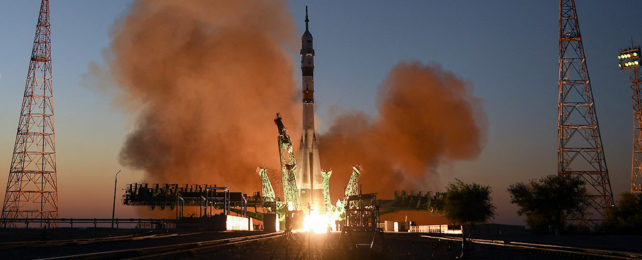 russian rocket taking off on launch pad