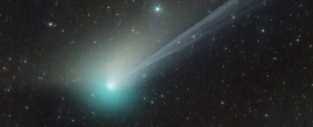 Green comet with big tail trailing through starry sky