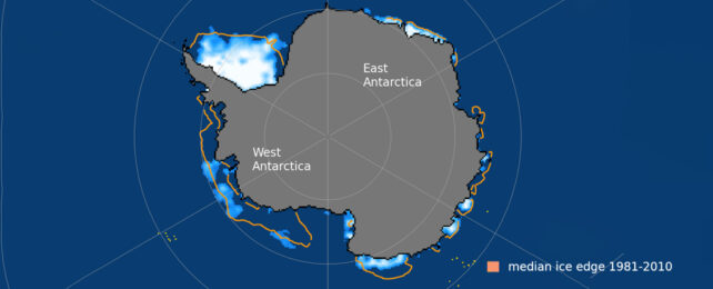 Map showing difference between today's sea ice compared to past average.
