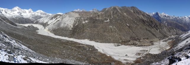 Panoramic photo showing Langmoche Valley below Dig Tsho Lake in Nepal