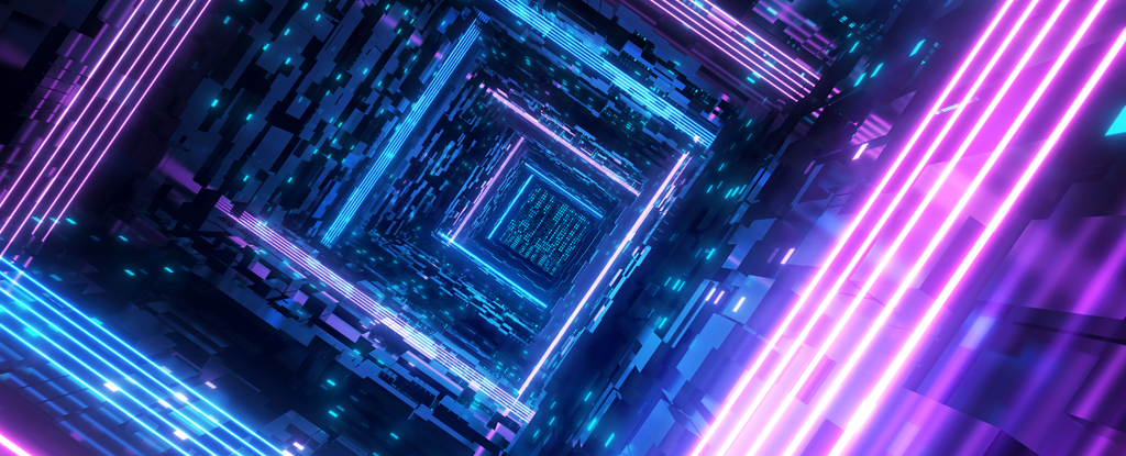 A square tunnel of violet and blue circuits.