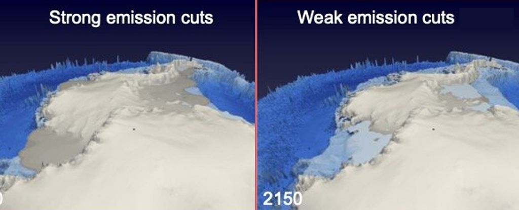 Projected Ice cover for 2050 under strong and weak emission cut scenarios.