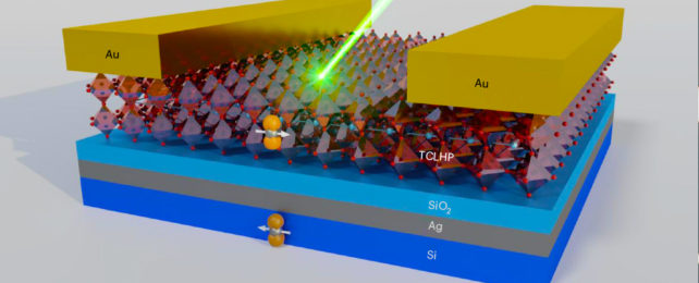 diagram of layers of silicon, silver, and silicon oxide, and a layer of perovskite crystal