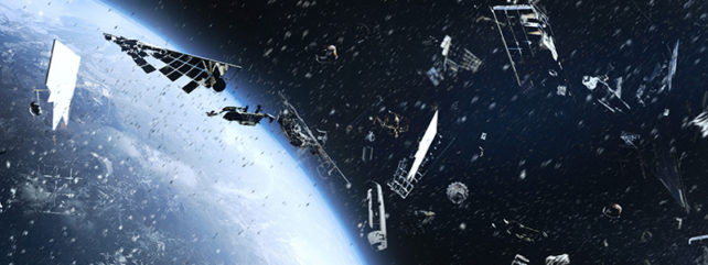artist's representation of a debris field from a shattered satellite.