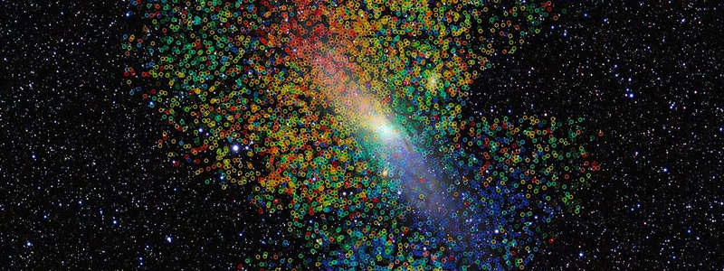 hundreds of tiny coloured circles superimposed on an image of andromeda