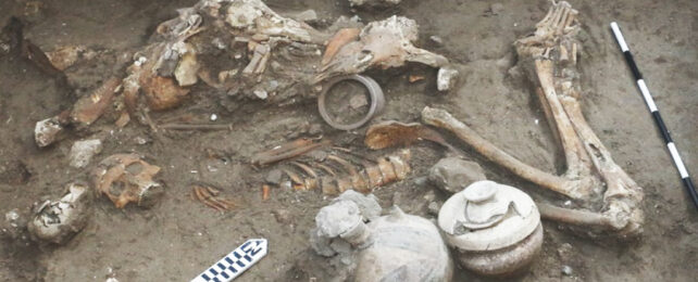 arrangement of bones in an israeli grave with pots and other grave goods