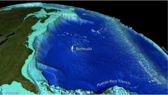 Visualisation of seafloor features of the western Atlantic Ocean Basin, based on bathymetric data.