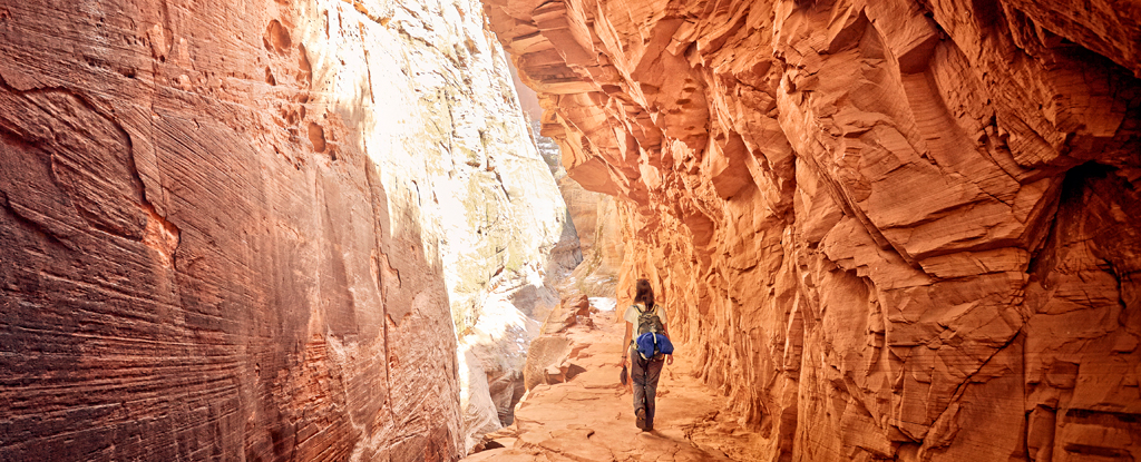 A hiker walks through a narrow canyon.
