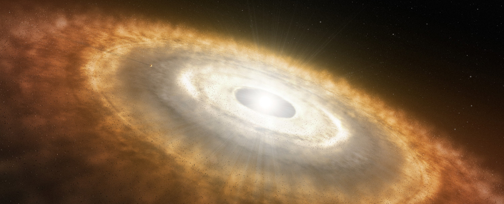 An illustration of a baby star surrounded by a protoplanetary disc.